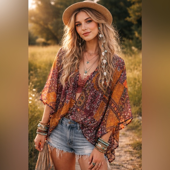 ONE WORLD Multicolor Kimono Boho Rave Festival Flowy Blouse Tunic Drape Sleeve L - Picture 13 of 13